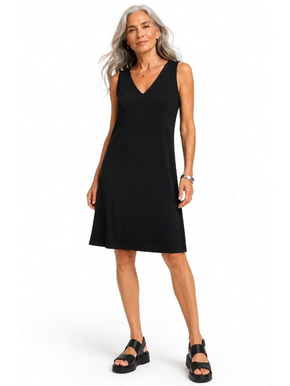 Eileen Fisher Black V-Neck Midi Dress